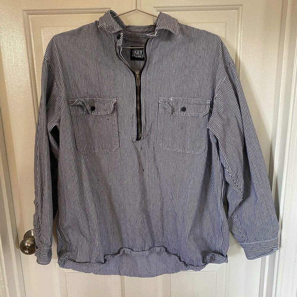 Vintage Key Imperial Shirt Mens XL 1/2 Zip Hickory Stripe Railroad Workwear